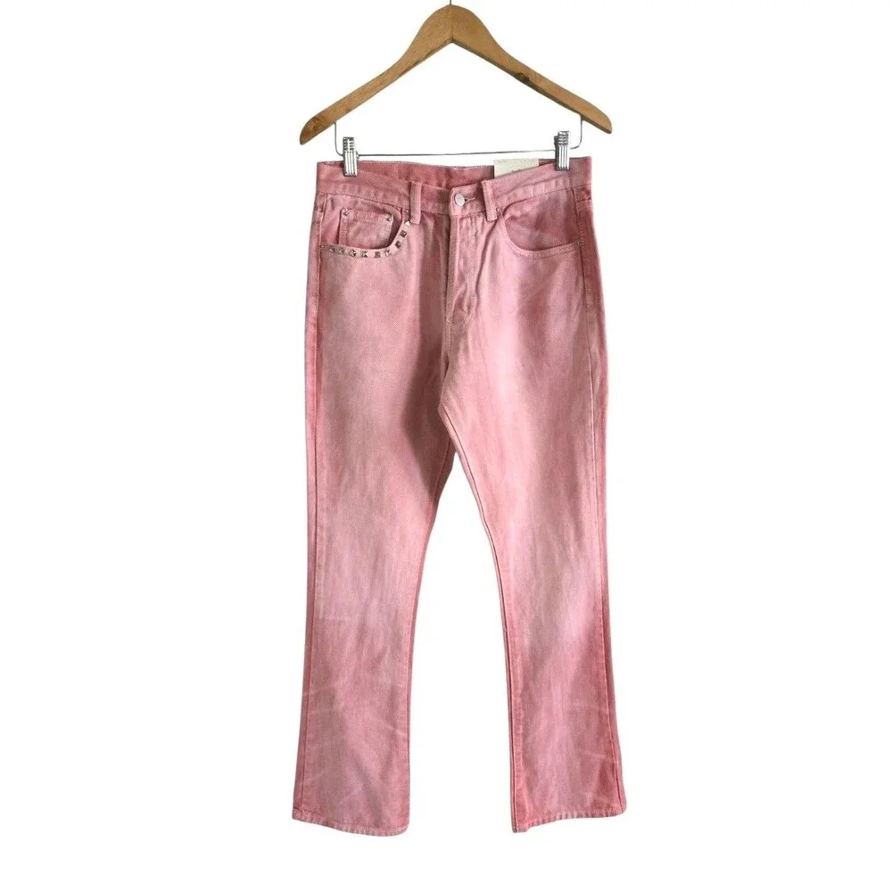 MNML Pink Acid Wash Jeans Flare Leg Button Fly Studded Pocket 29x32